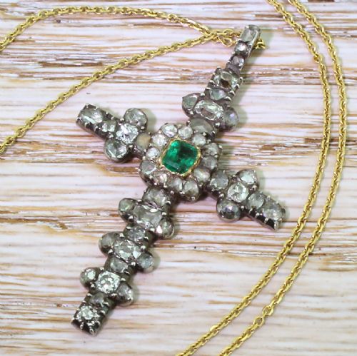 Georgian Emerald, Old Cut Diamond & Rose Cut Diamond Cross Pendant, Circa 1800
