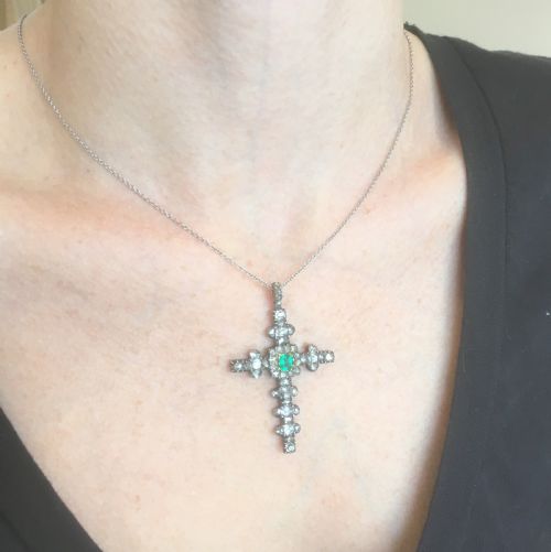 fig 1. Georgian Emerald, Old Cut Diamond & Rose Cut Diamond Cross Pendant, circa 1800