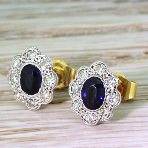 Mid Century 1.00 Carat Sapphire & Diamond Cluster Earrings, Circa 1950
