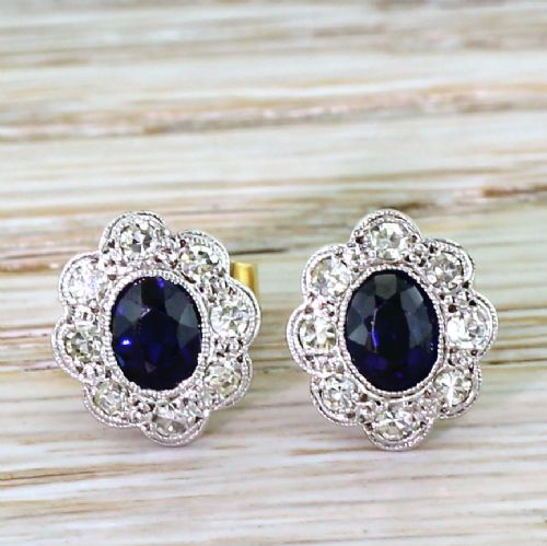 fig 1. Mid Century 1.00 Carat Sapphire & Diamond Cluster Earrings, circa 1950