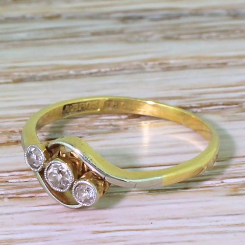 Art Deco 0.20 Carat Old Cut Diamond Trilogy Crossover Ring, Circa 1930
