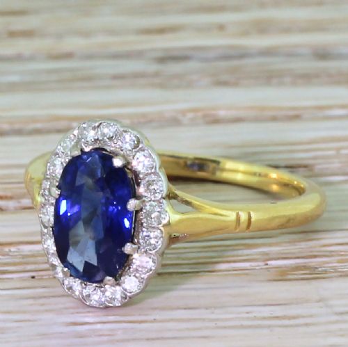 Art Deco 1.75 Carat Sapphire & Diamond Cluster Ring, Circa 1925
