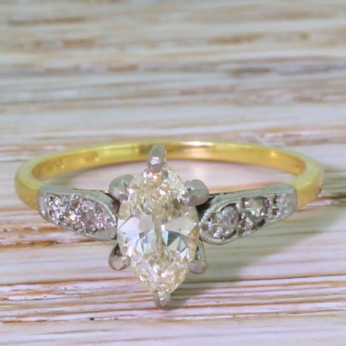 fig 1. Art Deco 0.77 Carat Old Marquise Cut Diamond Engagement Ring, circa 1945