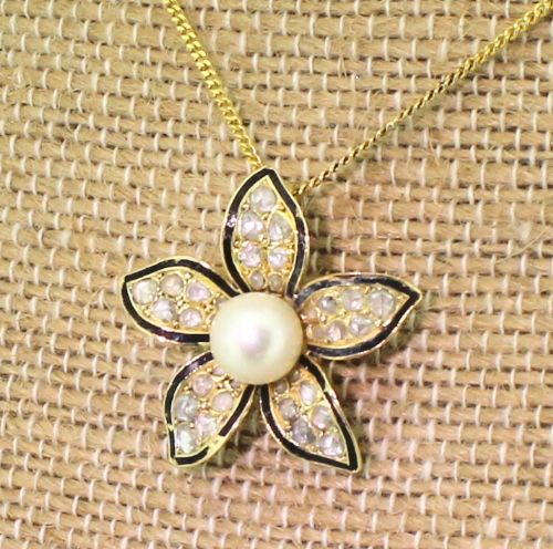 Victorian Pearl, Rose Cut Diamond & Black Enamel Flower Pendant, Circa 1890