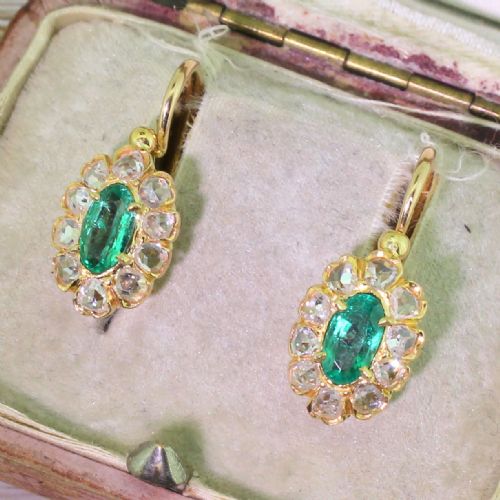 Edwardian Emerald & Rose Cut Diamond Marquise Cluster Earrings, French, Circa 1905
