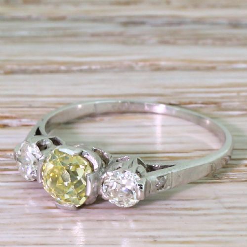 Art Deco 1.32 Carat Fancy Greenish Yellow & White Old Cut Diamond Trilogy Ring, Circa 1935
