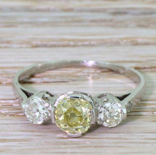 fig 1. Art Deco 1.32 Carat Fancy Greenish Yellow & White Old Cut Diamond Trilogy Ring, circa 1935