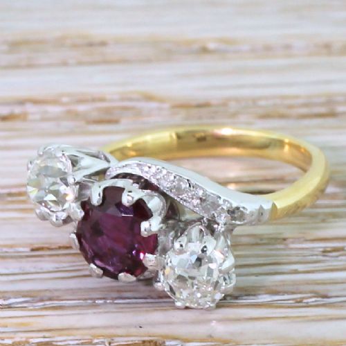 Art Deco Natural Ruby & Old Cut Diamond Trilogy Crossover Ring, Circa 1940
