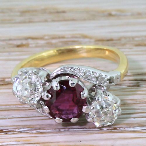 fig 1. Art Deco Natural Ruby & Old Cut Diamond Trilogy Crossover Ring, circa 1940
