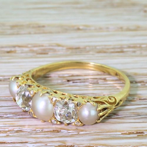 Victorian Pearl & Old Cut Diamond Carved Half Hoop Ring, Circa 1900
