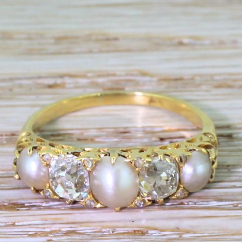 fig 1. Victorian Pearl & Old Cut Diamond Carved Half Hoop Ring, circa 1900
