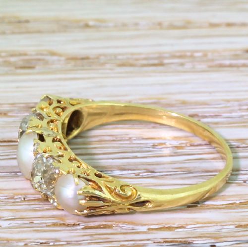 fig 2. Victorian Pearl & Old Cut Diamond Carved Half Hoop Ring, circa 1900