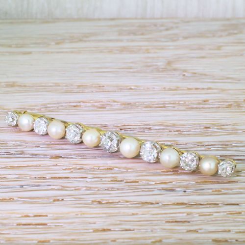 Art Deco Natural Pearl & Old Cut Diamond Pin Brooch, Circa 1915
