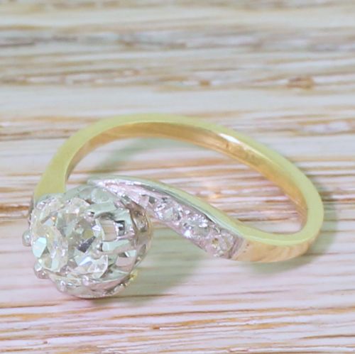 Art Deco 0.92 Carat Old Cut Diamond Crossover Solitaire Ring, Circa 1920

