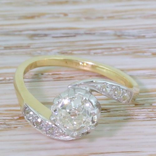 fig 1. Art Deco 0.92 Carat Old Cut Diamond Crossover Solitaire Ring, circa 1920