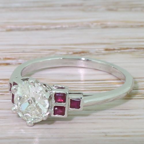 0.80 Carat Old Cut Diamond & Square Cut Ruby Ring, Platinum
