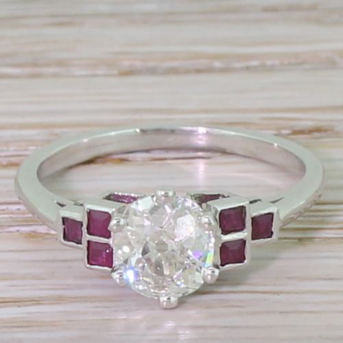 fig 1. 0.80 Carat Old Cut Diamond & Square Cut Ruby Ring, Platinum