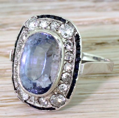 Art Deco 8.68 Carat Natural Ceylon Sapphire & Diamond Cluster Ring, Circa 1940
