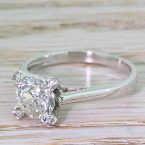1.38 Carat Old Cut Diamond Solitaire Engagement Ring, Portuguese, White Gold
