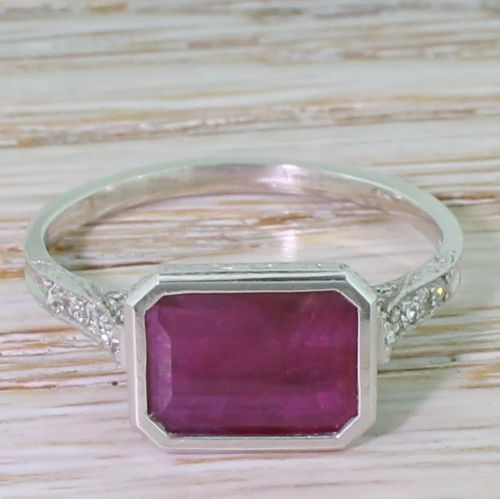 fig 1. Art Deco 1.75 Carat Emerald Cut Natural No Heat Ruby & Diamond Ring, circa 1940