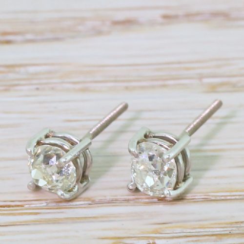 1.06 Carat Old Mine Cut Diamond Stud Earrings, 18k White Gold
