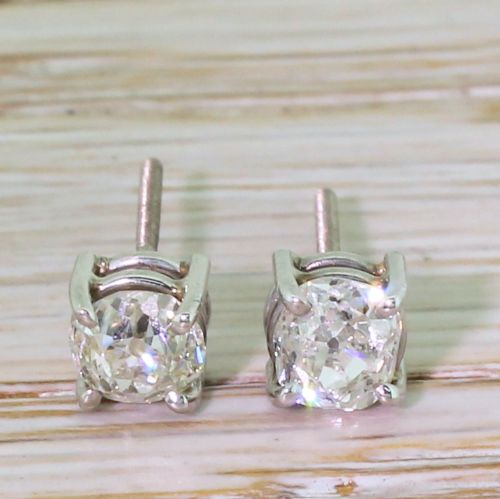 fig 1. 1.06 Carat Old Mine Cut Diamond Stud Earrings, 18k White Gold
