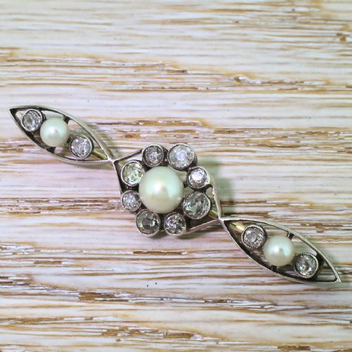 Victorian Natural Pearl & Old Cut Diamond Brooch, Circa 1880
