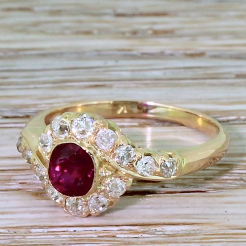 Edwardian 0.55 Carat Ruby & 0.60 Carat Old Cut Diamond Cluster Ring, Circa 1910

