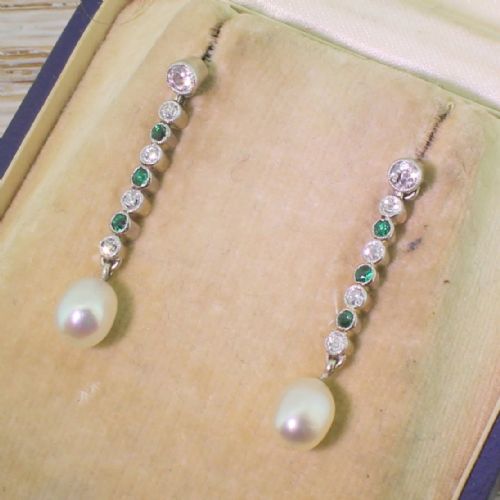 Art Deco Old Cut Diamond, Emerald & Pearl Drop Earrings, Circa 1940
