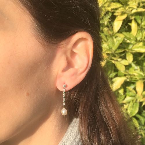 fig 1. Art Deco Old Cut Diamond, Emerald & Pearl Drop Earrings, circa 1940
