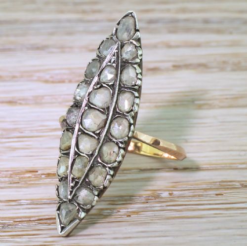 Victorian 1.00 Carat Rose Cut Diamond Navette Ring, Circa 1870
