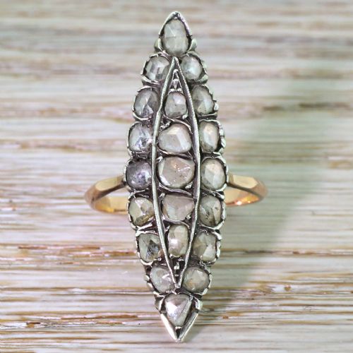 fig 1. Victorian 1.00 Carat Rose Cut Diamond Navette Ring, circa 1870
