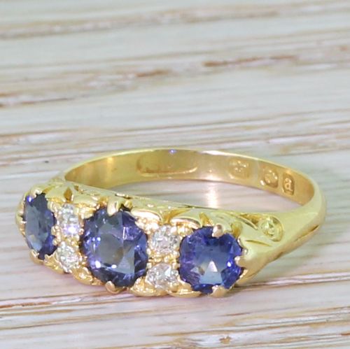 Victorian Sapphire & Old Cut Diamond Carved Half Hoop Ring, Dated 1896
