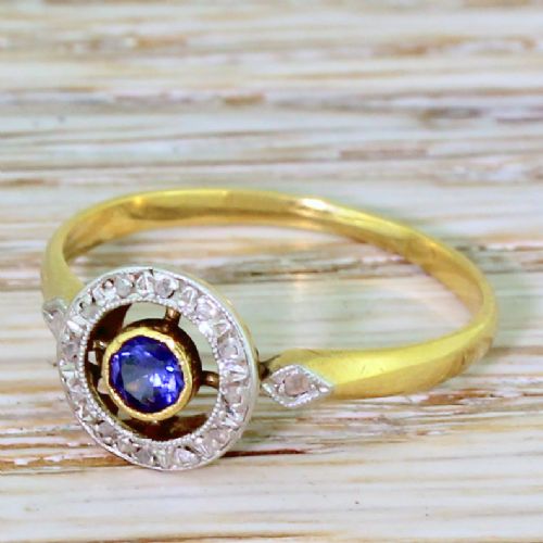 Art Deco Sapphire & Rose Cut Diamond Target Ring, French, Circa 1925
