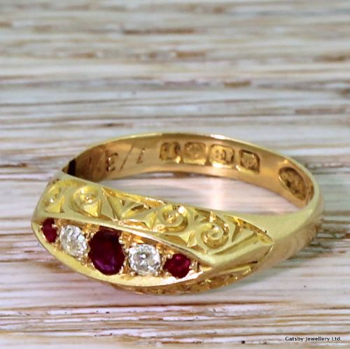 Edwardian Ruby & Old Cut Diamond Five Stone Ring, Dated 1910
