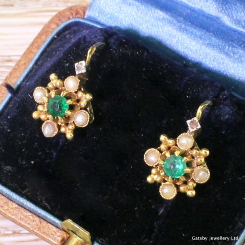 Art Deco Emerald & Seed Pearl Earrings, French, Circa 1920
