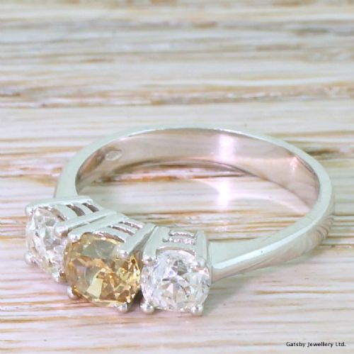 1.99 Carat Fancy Orangey Brown & White Old Cut Diamond Trilogy Ring, 18k White Gold
