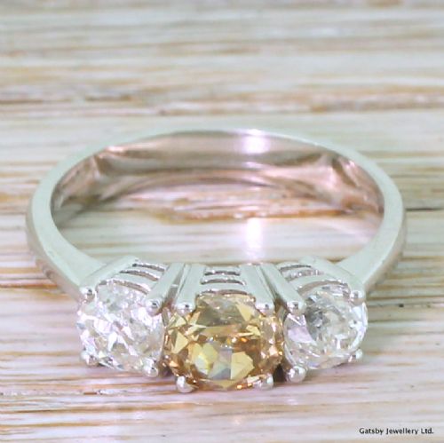 fig 1. 1.99 Carat Fancy Orangey Brown & White Old Cut Diamond Trilogy Ring, 18k White Gold