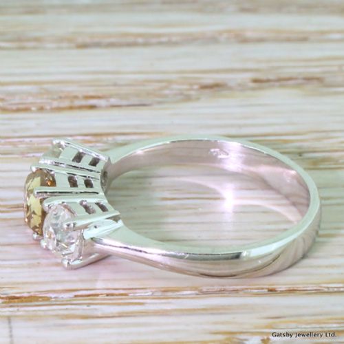 fig 2. 1.99 Carat Fancy Orangey Brown & White Old Cut Diamond Trilogy Ring, 18k White Gold