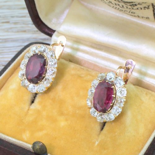 Victorian 2.91 Carat Ruby & 2.18 Carat Old Cut Diamond Cluster Earrings, Circa 1900
