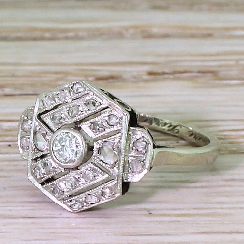 Art Deco Transitional & Rose Cut Diamond Cluster Ring, French, Dated 1941

