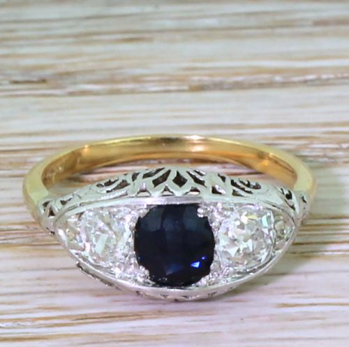 fig 1. Edwardian 0.70 Carat Sapphire & 0.84 Carat Old Cut Diamond Trilogy Ring, circa 1910