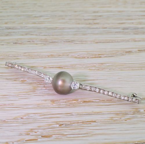 Art Deco Natural Tahitian Pearl & Old Cut Diamond Pin Brooch, Circa 1940
