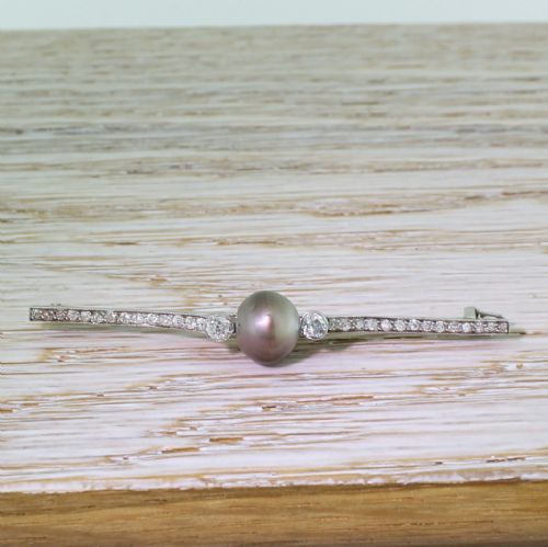 fig 1. Art Deco Natural Tahitian Pearl & Old Cut Diamond Pin Brooch, circa 1940