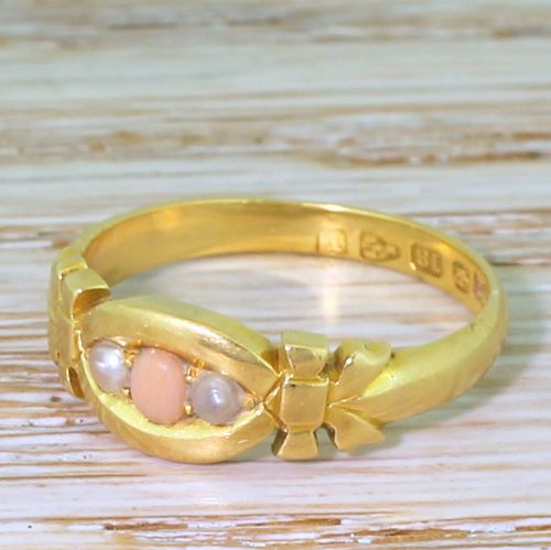 Victorian Coral & Seed Pearl Trilogy Ring, Dated 1880
