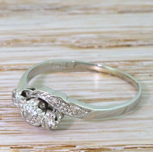 Art Deco 0.30 Carat Transitional Cut Diamond Trilogy Crossover Ring, Circa 1935
