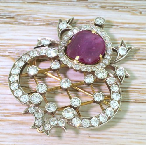 Art Deco 6.97 Carat Ruby & 4.06 Carat Old Cut Diamond Brooch, Circa 1915