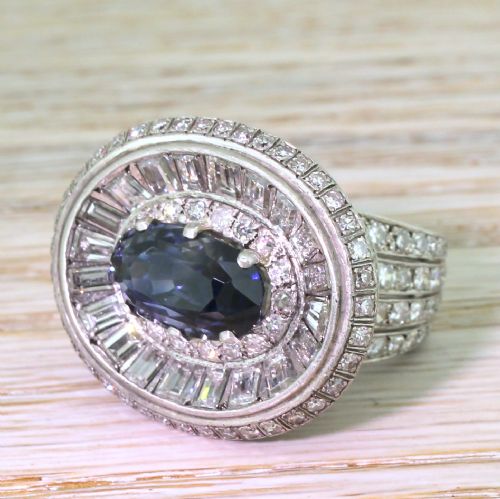 Retro 9.10 Carat Natural Sapphire & 5.03 Carat Diamond Ring, 1950
