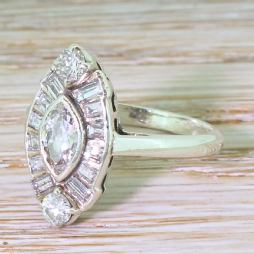 Art Deco 1.25 Carat Old Marquise & Baguette Cut Diamond Cluster Ring, Circa 1940
