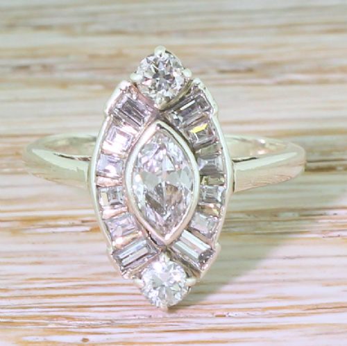 fig 1. Art Deco 1.25 Carat Old Marquise & Baguette Cut Diamond Cluster Ring, circa 1940
